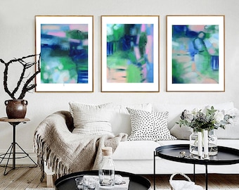 Oversized Abstract Triptych Wall Art: Navy, Teal & Emerald Giclee Canvas Print