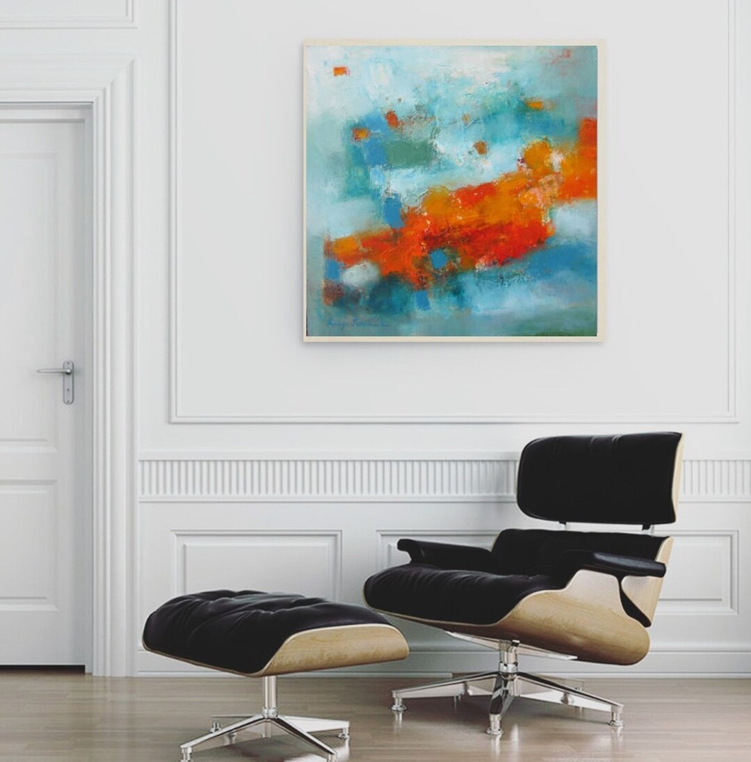 Turquoise Abstract Wall Art With Red and Orange Original Oil Painting