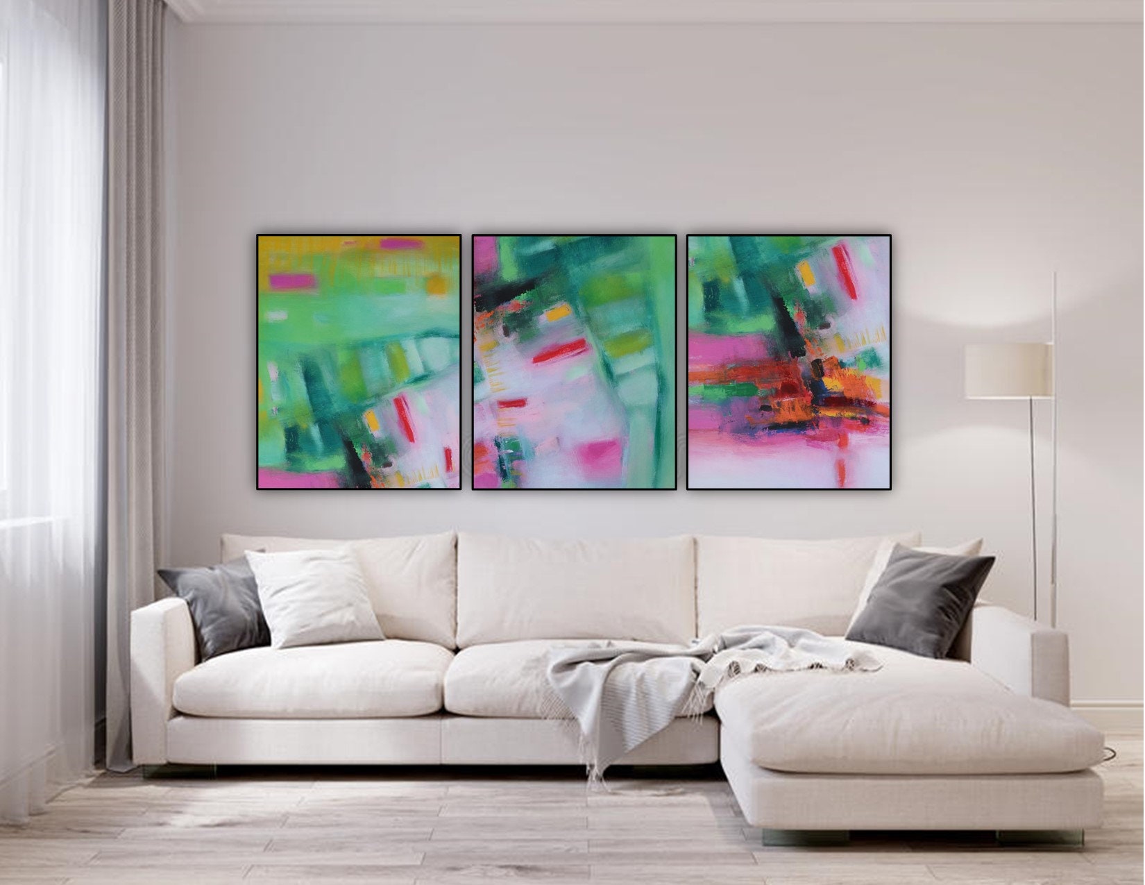 Abstract Triptych Wall Art Prints Pink Green Yellow Three - Etsy