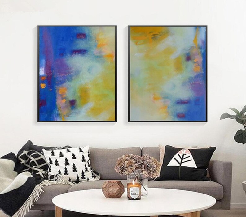 Blue and Yellow Wall Art Print Abstract Art Canvas Set of 2 Etsy
