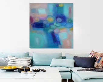 Mint green abstract painting canvas wall art giclée print, large square canvas artwork oversized modern art pastel paintings blue
