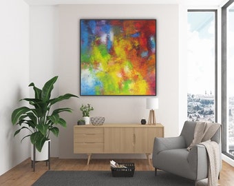 Extra large wall art print colorful abstract art canvas, large square artwork oversized modern art home office living room huge abstract art