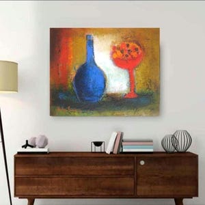 Blue Bottle Still Life Oil Painting: Red Fruit Bowl, Modern Farmhouse Art