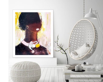 African American wall art black women abstract portrait painting, figurative female canvas prints Afro woman face artwork people paintings