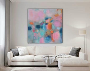 Pastelkleurige abstracte canvas muurkunst: groenblauw, blush, modern muurdecor