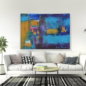 Impressão em tela de arte de parede abstrata azul, impressão de pintura extra grande em azul-mostarda-amarelo, arte de escritório moderna, decoração de parede de casa