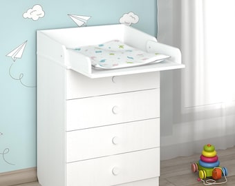 Table à langer blanche à 4 tiroirs - Table à langer étroite de 60 cm pour chambre de bébé - Commode pliable gain de place pour bébé - Shefa Kids