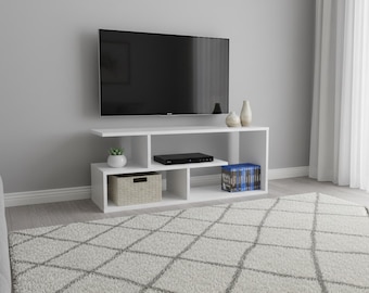 Meuble TV bas blanc 100 cm, étagère TV moderne Shefa Line Eden, meuble de salon avec rangement, design minimaliste