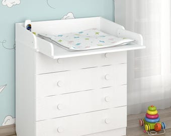 White changing table with 4 drawers & changing top | Shefa Kids 800 | Detachable baby changing table | Modern nursery furniture, 80 cm wide