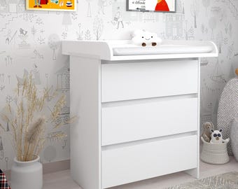 Shefa Kids Changing Dresser 820 White – 3-Drawer Nursery Dresser with Foldable Changing Table Attachment, Ergonomic Baby Changing Station