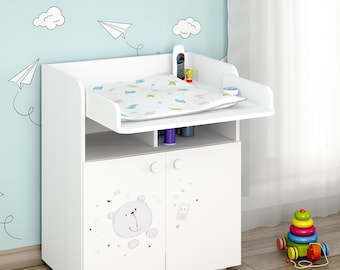 White Narrow Changing Table 70 cm | Shefa Kids Teddy Changing Table with Removable Top | Baby Room Essentials | Modern White Chest of Drawers