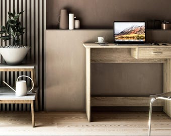 Sonoma Oak Desk 90 x 40 cm Compact Computer Desk with Drawer Small Work Table Home Office Children's Room Shefa Line Nano