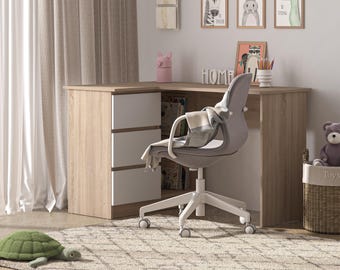 Corner desk Sonoma oak & white | L-shaped computer desk with storage space