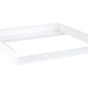 Könnte beinhalten: Ein weißer, rechteckiger Wickeltischrahmen mit abgerundeten Kanten. Der Rahmen besteht aus Massivholz und hat ein schlichtes, modernes Design. Der Rahmen ist für eine Wickelauflage konzipiert.