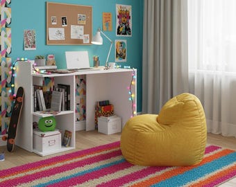 White Modern Desk Shefa Line Iris - Children's & Teenager's Desk - Sturdy Work Table for Home Office and Children's Room