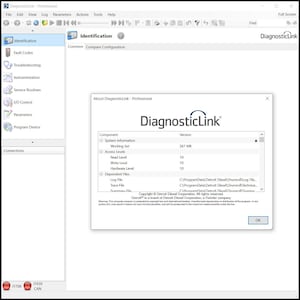 以下が含まれることがあります： DiagnosticLink Professionalソフトウェアインターフェースのスクリーンショット。メインウィンドウには、ソフトウェアのバージョンとコンポーネント情報が表示されたポップアップウィンドウが表示されます。ソフトウェアのロゴが上部に表示されています。