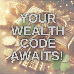 Op de afbeelding: Een gouden schatkist met sleutels en munten, met de tekst "YOUR WEALTH CODE AWAITS!" eroverheen.