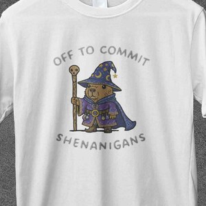 以下が含まれることがあります： 魔法使いの格好をしたクマの漫画が描かれた白いTシャツ。杖を持っています。Tシャツのテキストは「Off to Commit Shenanigans」です。クマは青い帽子とマントを着ています。Tシャツは木製のハンガーにかかっています。