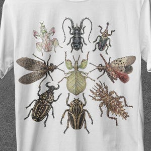Può includere: T-shirt bianco con un motivo circolare di illustrazioni di insetti in varie tonalità di marrone, verde e nero. La maglietta include il testo "JoJoTeez", "BUY 3 GET FREE SHIPPING" e "BULK SALE".