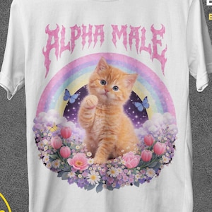 Alpha Male Funny Kitten Shirt Ironic Cat Meme Tee Sarcastic Gifts For Cat Lover Bootleg Vintage Graphic Tee for Men, Y2K Vintage Graphic Tee