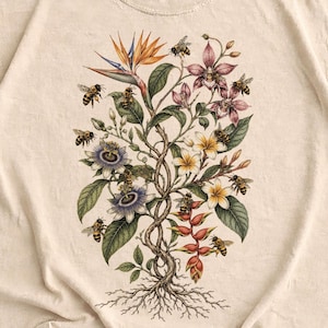 Vintage kaprifolblomma bi 90-talsgrafik T-shirt, trädgårdsgåvor för kvinnor, Y2K-skjorta, retroskjorta, boho-skjorta, botanisk skjorta, gåva för naturälskare