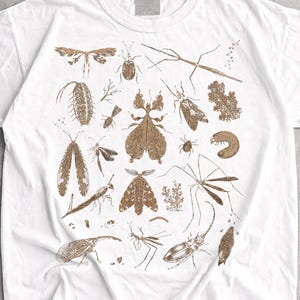 Op de afbeelding: Een wit T-shirt met korte mouwen en een bruine grafische print van diverse insecten en botanische elementen op de voorzijde. Het ontwerp bevat gedetailleerde illustraties van kevers, motten en wandelende takken in een wetenschappelijke stijl.