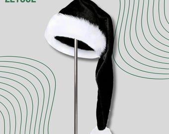 May include: A black Santa hat with a white fluffy trim and a white pom-pom at the end. The hat is displayed on a metal stand. The word "ZEYGUL" is printed on the upper left corner of the image, with the word "hat" above it.
