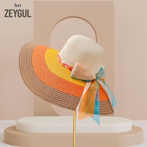 Women&#39;s Colorful Wide Brim Straw Hat, Lace Bow Decor, Fashion Beach Sun Hat, Foldable Wide Brim For Outdoor,Women Gift, Women Hat