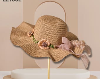 Khaki Wide Brim Straw Hat – Boho UV Protection Summer Dome 