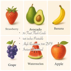 Cartes flash fruits pour enfants - 30 cartes imprimables 10 x 15 cm, jeu éducatif d'apprentissage des fruits, jeu de cartes flash préscolaire, téléchargement immédiat