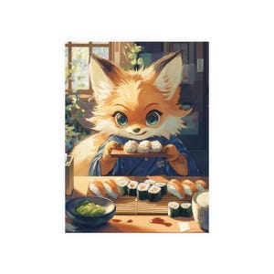 Lámina artística de zorro sushi japonés - Decoración de pared con una linda aventura gastronómica - Póster de papel mate - Decoración de restaurante asiático - Arte de pared para cocina