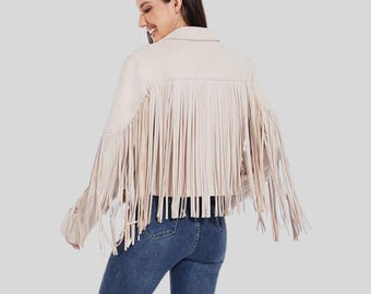 Beige Suede Fringe Jacket: Western Style Party Coat