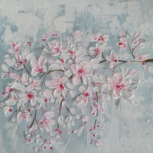 Pintura original de rama de Sakura, obra maestra, obra de arte, colores delicados, pintura acrílica de alta calidad, textura acrílica volumétrica, pasta