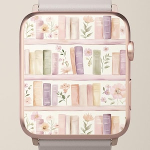 Könnte beinhalten: Roségoldene Smartwatch mit floralem Bücherregal-Design. Das Zifferblatt zeigt eine Aquarellillustration eines Bücherregals voller Bücher in Pastellfarben, mit rosa Blumen und grünen Blättern.