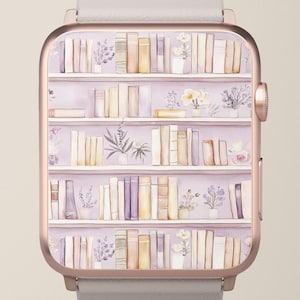 Könnte beinhalten: Eine roségoldene Smartwatch mit einem hellgrauen Armband. Das Zifferblatt zeigt eine Aquarellillustration eines Bücherregals mit Büchern und Topfpflanzen in Lila-, Beige- und Weißtönen.