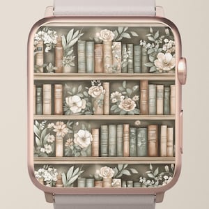 Könnte beinhalten: Roségoldene Smartwatch mit floralem Bücherregal-Design. Das Zifferblatt zeigt eine detaillierte Illustration eines Bücherregals voller Bücher und Blumen in sanften, gedämpften Tönen. Die Uhr hat ein hellgraues Armband.
