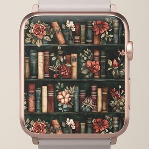 Könnte beinhalten: Eine roségoldene Smartwatch mit einem Bildschirm, der eine detaillierte Illustration eines Bücherregals zeigt. Das Bücherregal ist mit verschiedenen Büchern gefüllt und mit roten und weißen Blumen geschmückt. Die Uhr hat ein hellgraues Armband.
