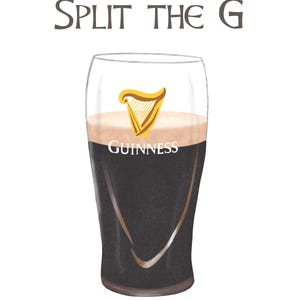 May include: Illustration of a pint of Guinness stout with a creamy head, featuring the Guinness logo and the text "Split the G". The glass has a classic shape, and the background is white.