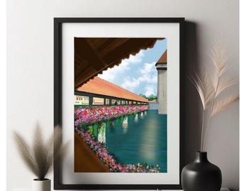 Digitale download De Kapellbrucke-kapelbrug Luzern Zwitserland bezienswaardigheden afbeeldingen digitale kunst bloemen brug wolkenluchten