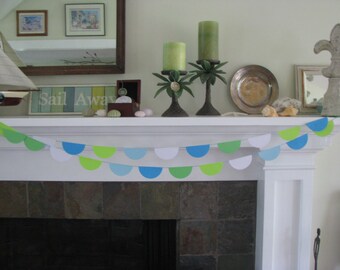 Scalloped  Blue White and Green Banner   Garland /  Brithday / Child room 10 feet long