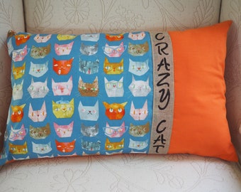 Crazy Cat Pillow  Handmade Pillow Cat Rescue Cat Lover