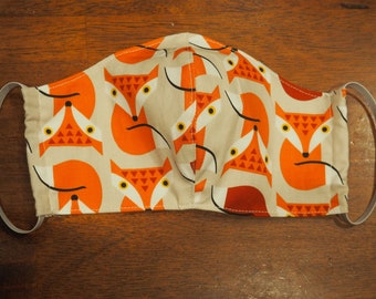 Fox Print Face Mask/ Cocktail Print Fabric/ Washable/ Nose Wire/ Men Woman Child sizes/