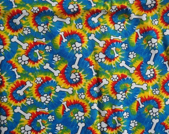 Tie Dye Dog Print Fabric, Dog Bones and Paws 25-inch remnant