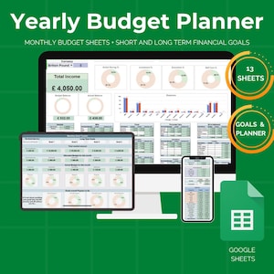 Google Sheets Budget Template, Yearly Financial Planner, Monthly Bills Tracker, Debt and Expenses Manager, Goals Tracker