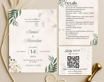 Wedding Invitation Template, Qr Code Bundle, Online RSVP, Details Card, Unique Style Invitation Set