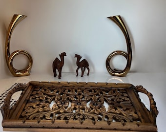 Handmade Wooden Tray – Carved Rustic Tea & Coffee Serving Tray | Vintage Decorative Ottoman-Style Gift