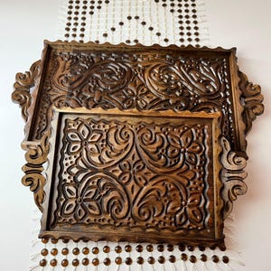 Wooden Carved Tray Set | Handmade Rustic Serving Trays | Tea & Coffee Tray Set | Vintage Natural Wood Decor