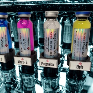 May include: Four vials containing coloured liquids, labelled with codes and names such as "T-Virus" and "Elpis." The vials contain liquids of different colours, including blue, pink, and yellow. The vials are held in black holders.