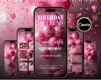 Itinerario de fin de semana de cumpleaños, planificador de viaje animado para chicas, invitación de cumpleaños editable en Canva, agenda de cumpleaños rosa, descarga instantánea.