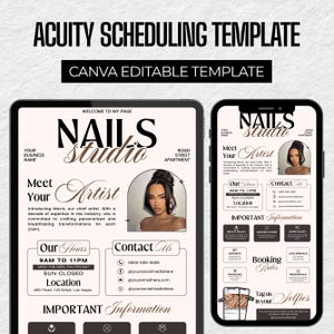May include: Acuity Scheduling Template for a Nails Studio, a Canva editable template. The design features a tablet and phone displaying a salon's information, including hours, contact details, and booking rules. The design is in a neutral color palette.